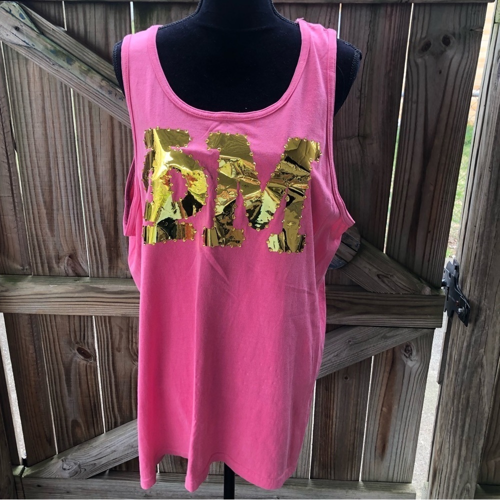 Comfort Colors Pink with Metallic Gold & Bling Phi Mu Cotton Tank Top Size L